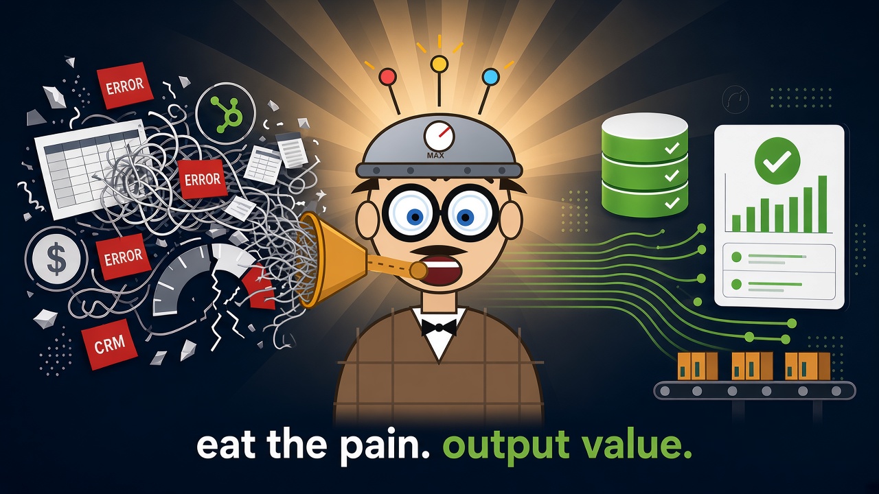 A wide-eyed engineer in a pressure-gauge helmet funnels a tangle of spreadsheets, CRM errors, and broken dashboards in one ear and outputs clean databases, green checkmarks, and a rising chart on the other side. Caption: eat the pain. output value.